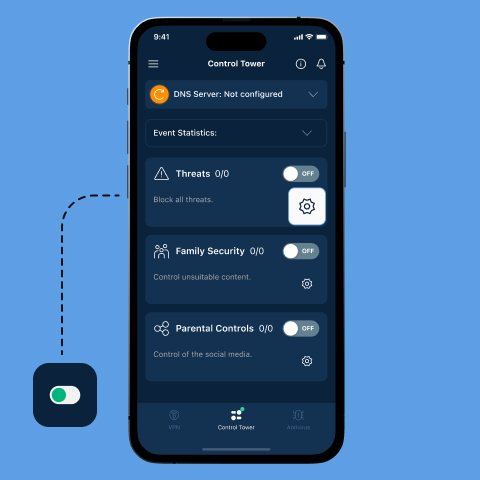Image of the Newshosting VPN’s Control Tower menu with three toggles that are all off: Threats, Family Security, and Parental Controls.