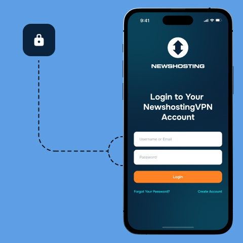 A cellphone has the Newshosting VPN login screen with an icon of a lock connected to the phone with a dotted line.