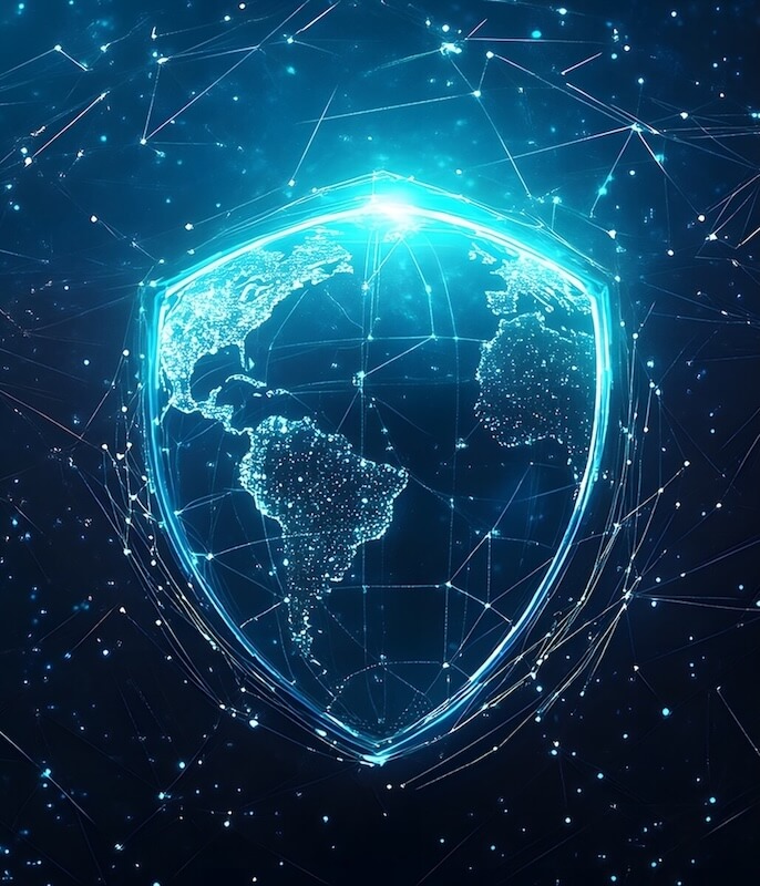 A blue shield in space with a map of the Earth on it. It looks like the planet has turned into a shield, with stars and constellations in the background.