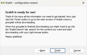 Final screen of the configuration wizard saying that GrabIt is ready to use and has the “Finish” button highlighted.