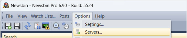 Closeup of the Newsbin Pro menus with the Options menu open and Servers highlighted.
