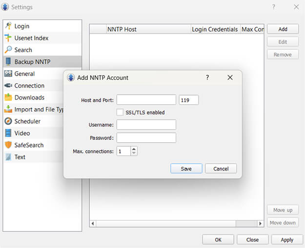 The Newshosting newsreader’s Settings screen is open and a window allowing the user to add an NNTP account is open over that.