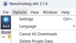 A closeup of the Newshosting newsreader’s menus. The Options menu is open.