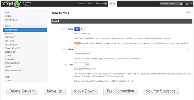 An image of the NZBGet Settings screen. “NEWS SERVERS” is selected in the left-side menu and the main portion of the screen is dedicated to setting up a new Usenet server, including with buttons to change the priority, test the connection, and see volume statistics.