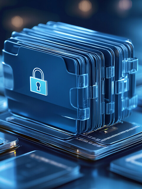 There are several credit card holders either stacked on one another or set up next to each other. A blue, glowing lock is on the side of one of the holders.