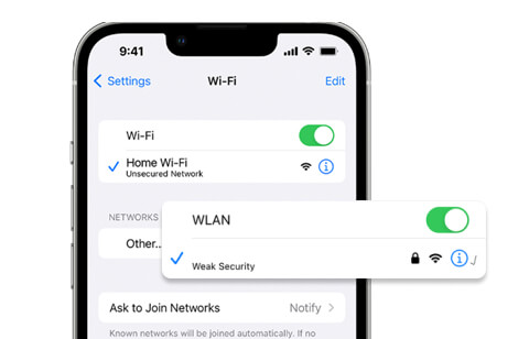 Image of the iOS Wi-Fi Settings with the Wi-Fi and WLAN toggles switched on.