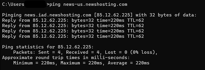 An image of the Windows terminal showing that the user has typed “ping news-us.newshosting.com” and gotten ping results.
