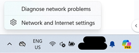 Closeup image of the Windows system tray. Somebody has right-clicked on the network icon and a menu with “Diagnose network problems” and “Network and Internet settings” in it has popped up.