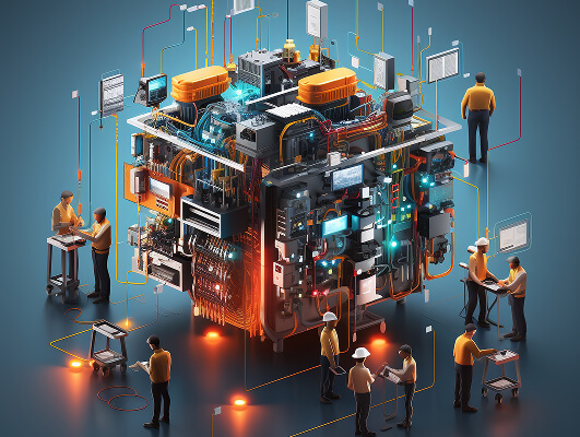 Several people in orange shirts and black pants are standing around a complex cube machine. It has several transitors, resistors, and circuit boards.