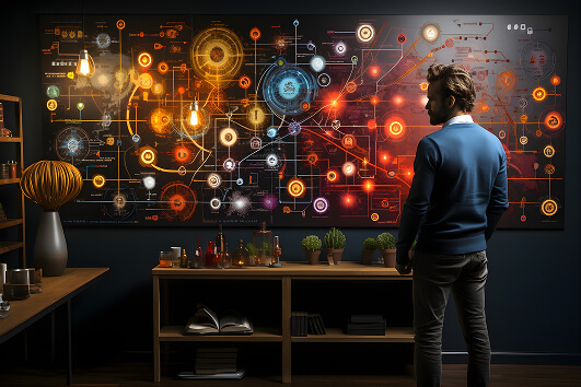 A person is standing in a room with holograms of various size dots in yellow, orange, blue, and red.