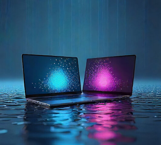 Two laptops are facing one another. One has blue lights on the screen and one has pink lights on the screen.