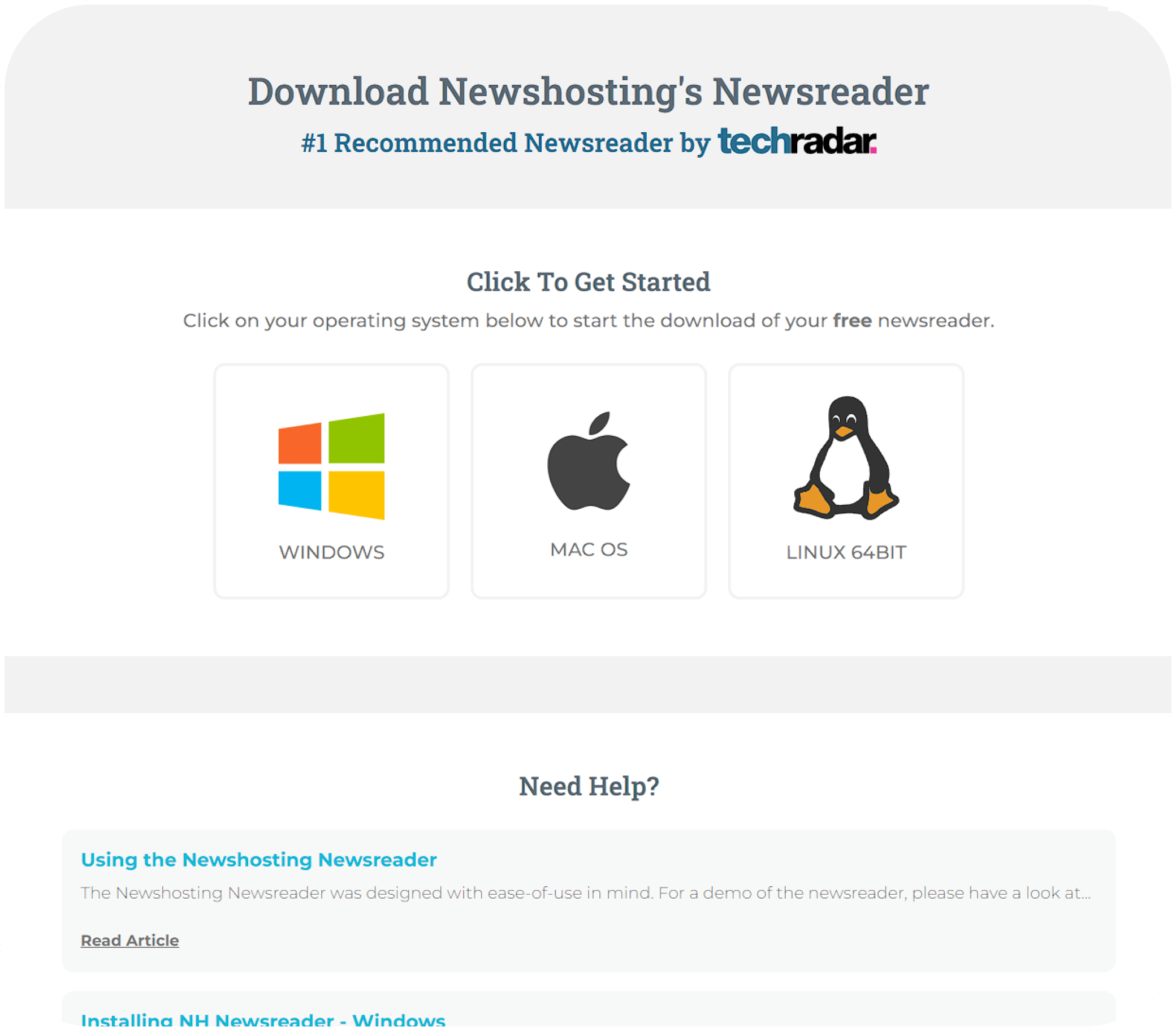 Image of the Newshosting Newsreader download screen that users are directed to after signing up.