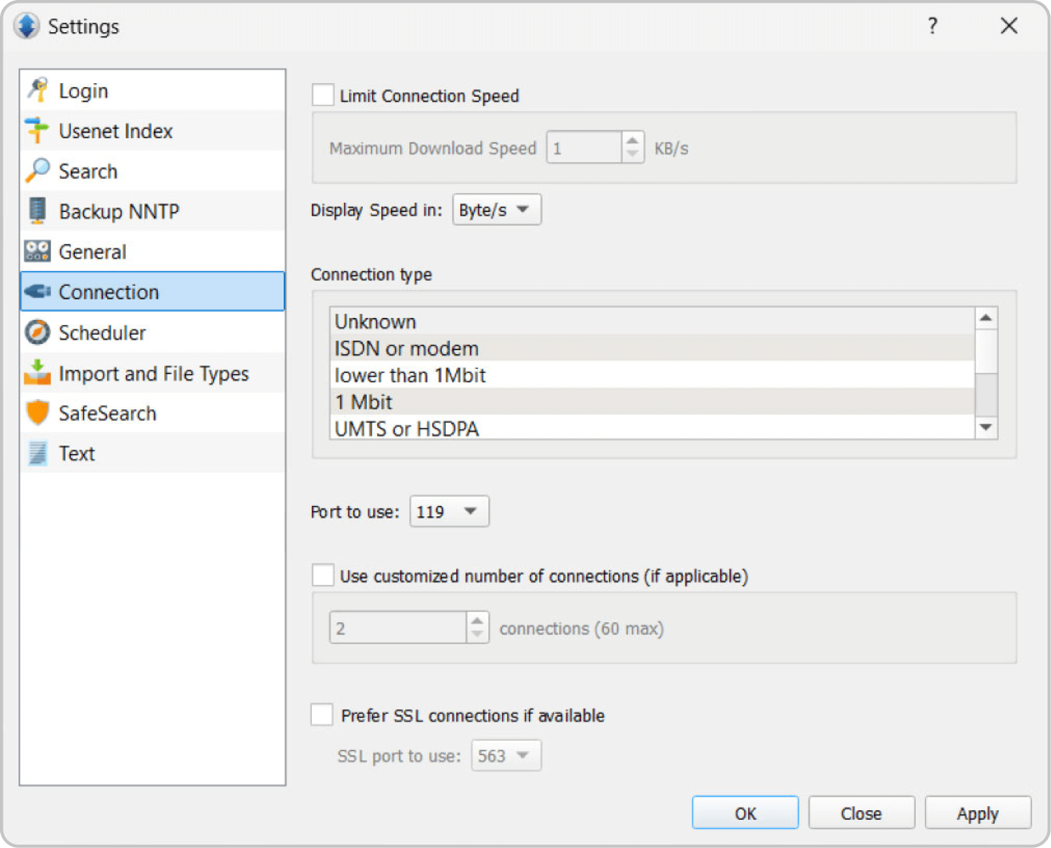 Image of the Newshosting Newsreader Settings screen with the Connection menu displayed.