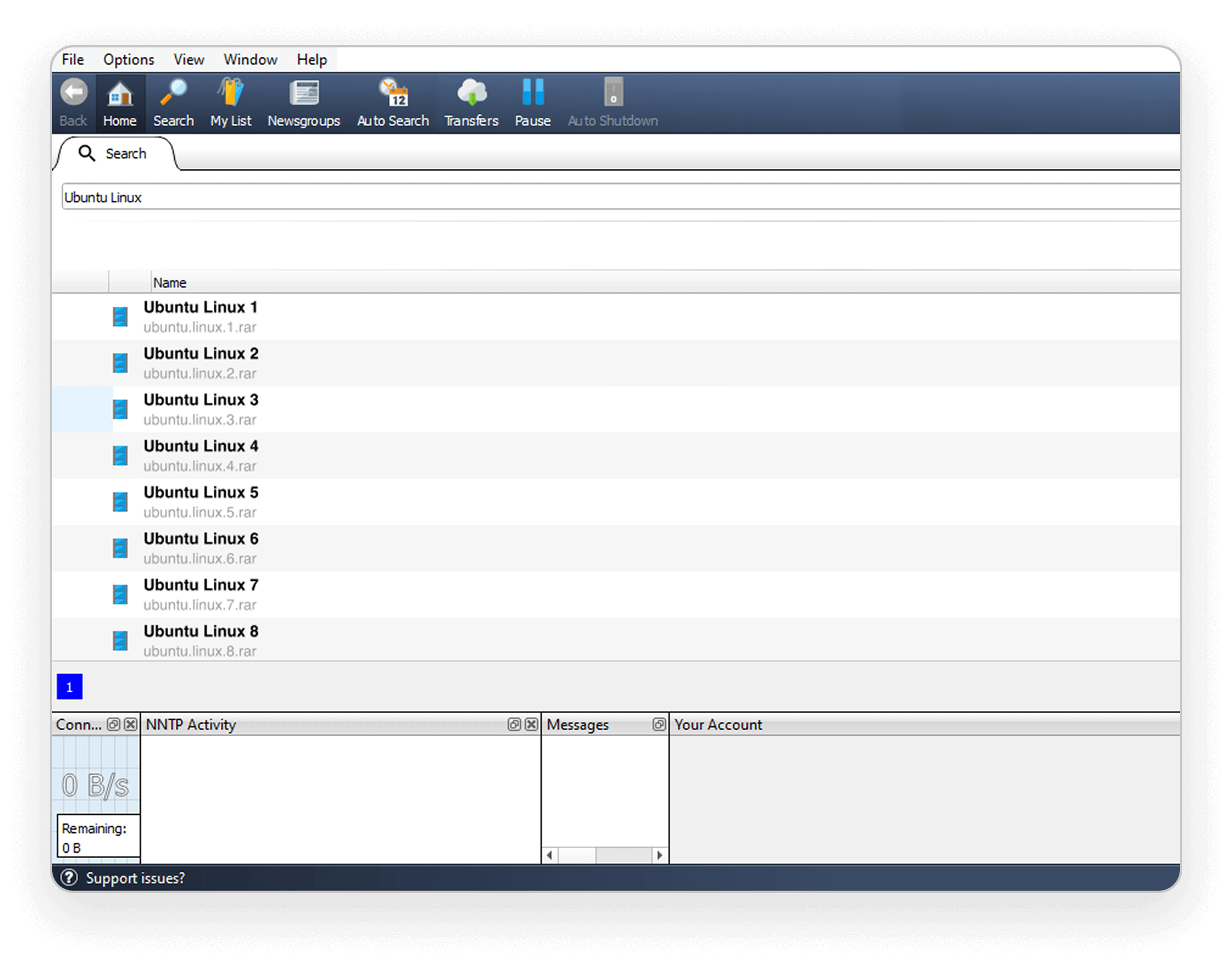 The Newshosting newsreader’s Usenet search. “Ubuntu Linux” is in the search field and fifteen appropriate files are being shown.