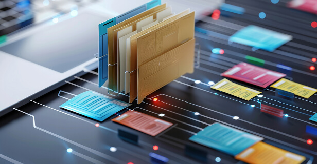 A photo of a drawing of a circuit board with small paper facsimiles of files in yellow, red, blue, and orange. There is also a small, upright holder for file folders.