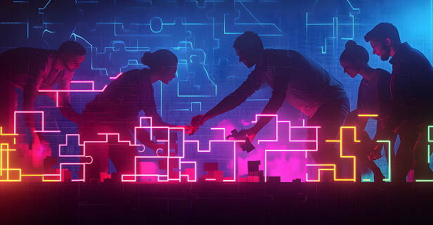 Five human silhouettes are working together to build a 3D puzzle and being partially lit with neon pink, orange, and green lines on the bottom of the image.