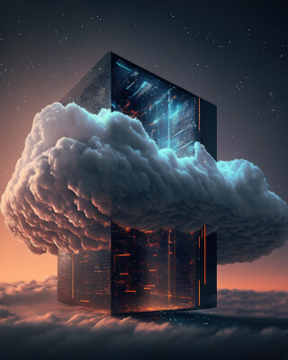 A huge red and blue neon cube is floating in mid-air surrounded by clouds.