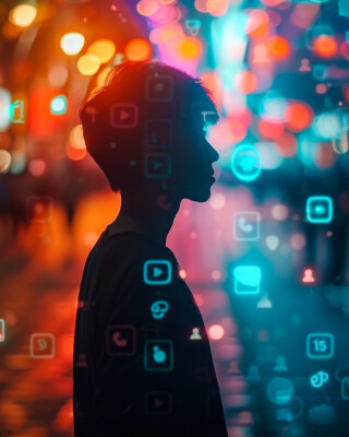 The silhouette of a person is standing on a street. The background is very blurry and there are icons representing various Internet services floating in front of them.