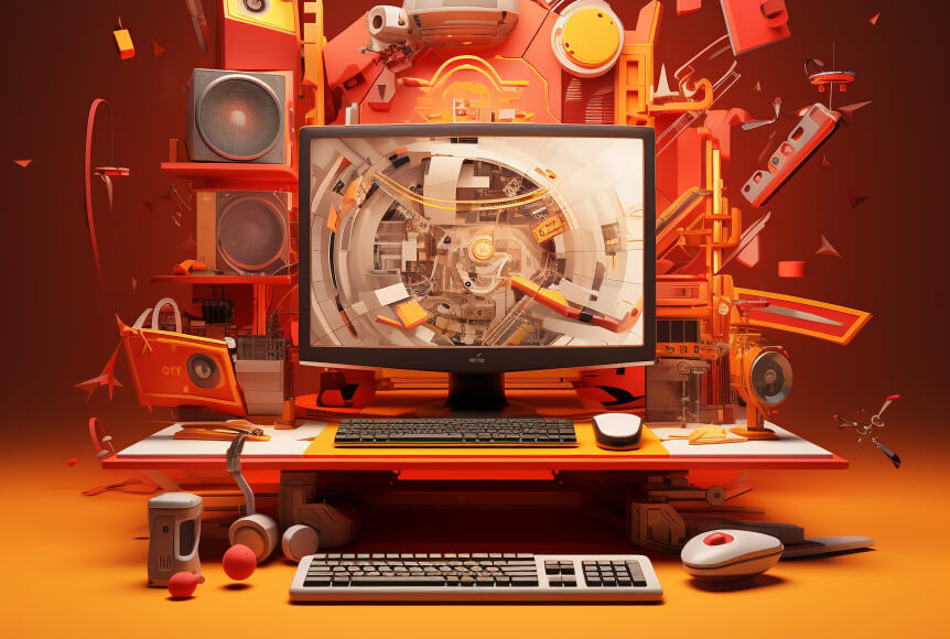 A Dali-esque image of a computer monitor with a black keyboard and white mouse under it on a standing desk attachment. There is also a white and black keyboard with a white trackball on the desk itself. At least four different kinds of speaks surround it as well as a deconstructed pair of headphones. In fact, everything has a “deconstructed” feel, like a Lego set that you can put together however you like.