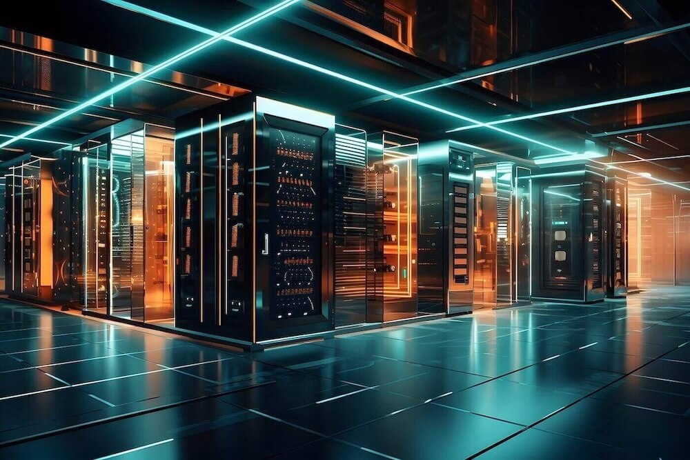 An image of a server room with several stacks highlighted in orange and blue neon.
