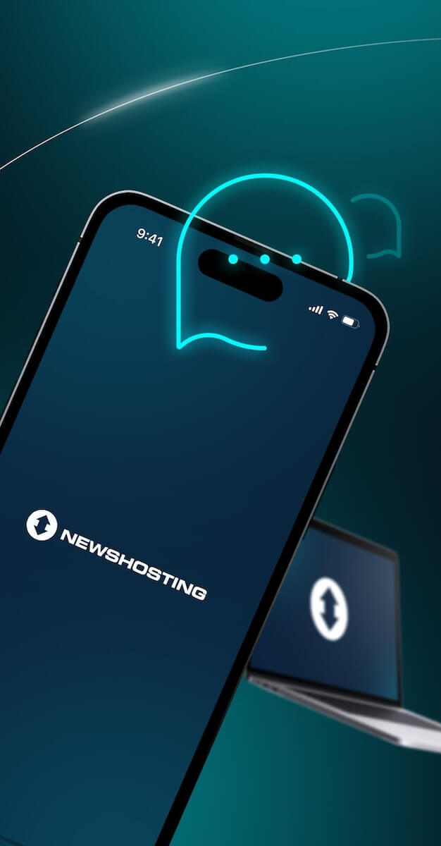 There is a cellphone in the foreground with the Newshosting name and simplified logo on the screen and a laptop floating in the background with the Newshosting logo on the screen. A word balloon with an ellipsis is above the cellphone.