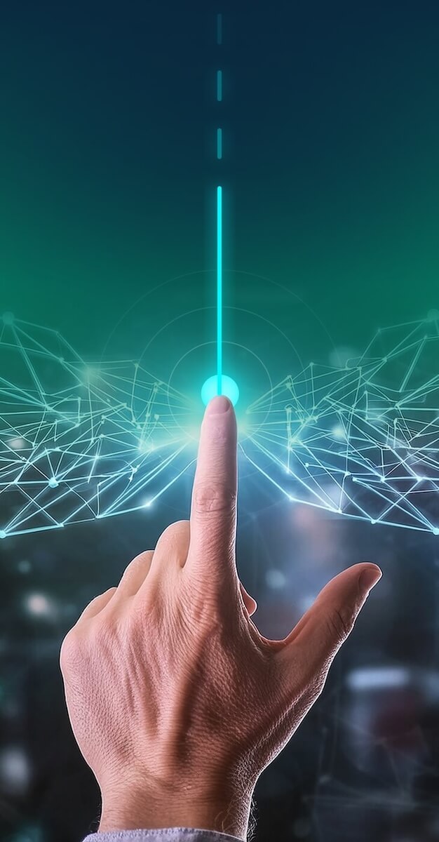 A closeup of a hand that is pressing a blue dot in the air which causes a blue line to emerge from it. There are white lines connected to dots, representing the VPN network, around the hand.