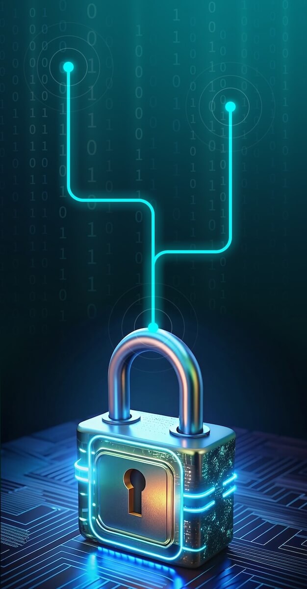 A large lock is sitting on a circuit board. It is highlighted with blue neon and has two blue neon lines coming out of the shackle.