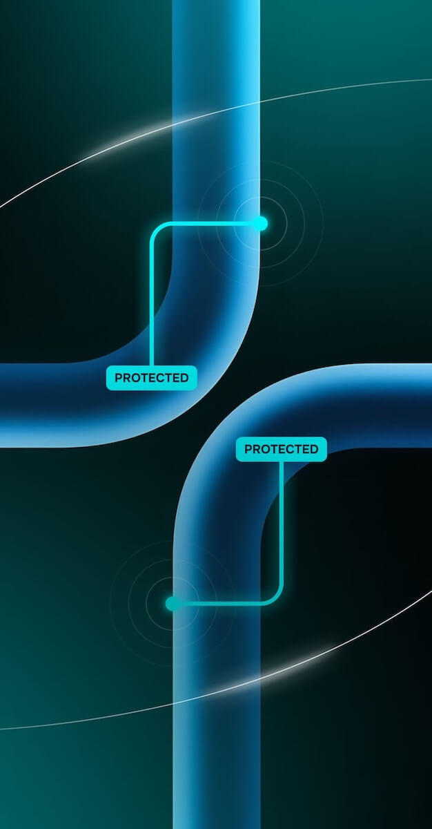 Two pipes are bent opposite one another. Neon blue lines are connected to parts of the pipes and have labels that say “Protected” near them.