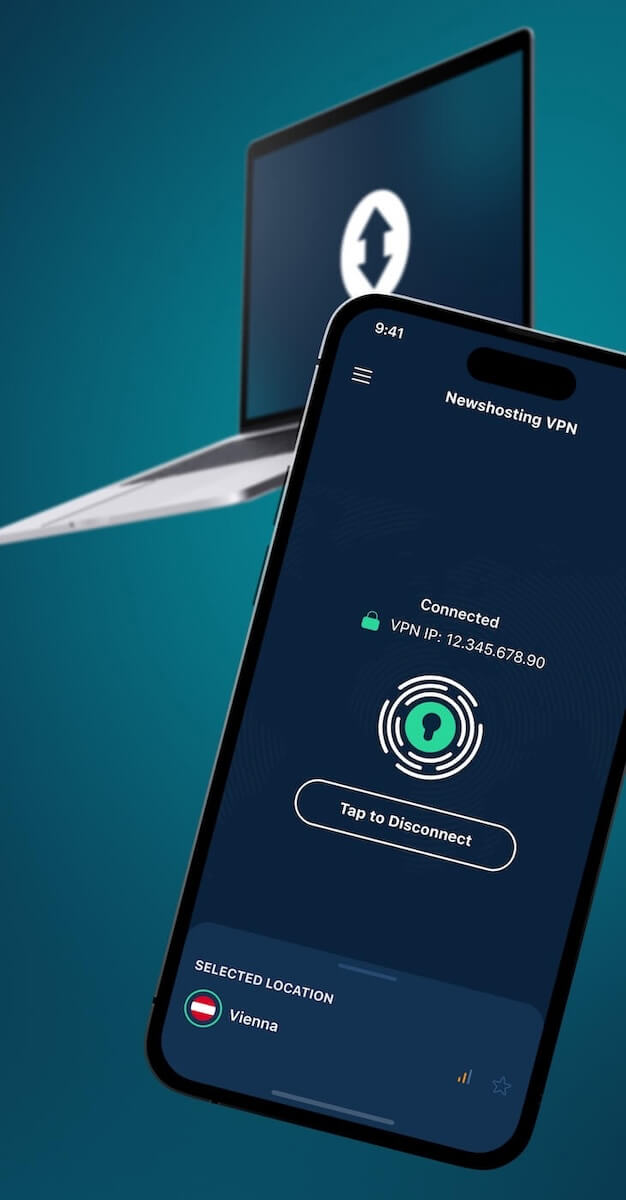 There is a cellphone in the foreground with the Newshosting VPN on the screen and a laptop floating in the background with the Newshosting logo on the screen.
