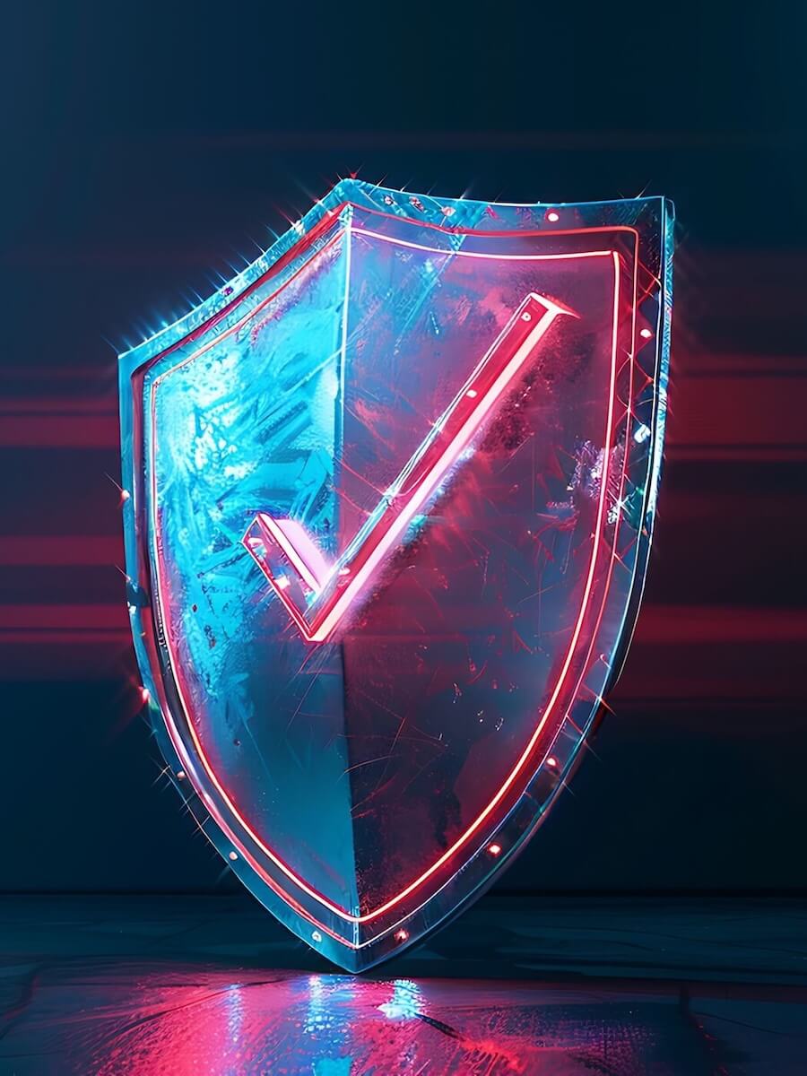A 3D-looking shield with a checkmark in the middle that is highlighted in blue and pink neon.