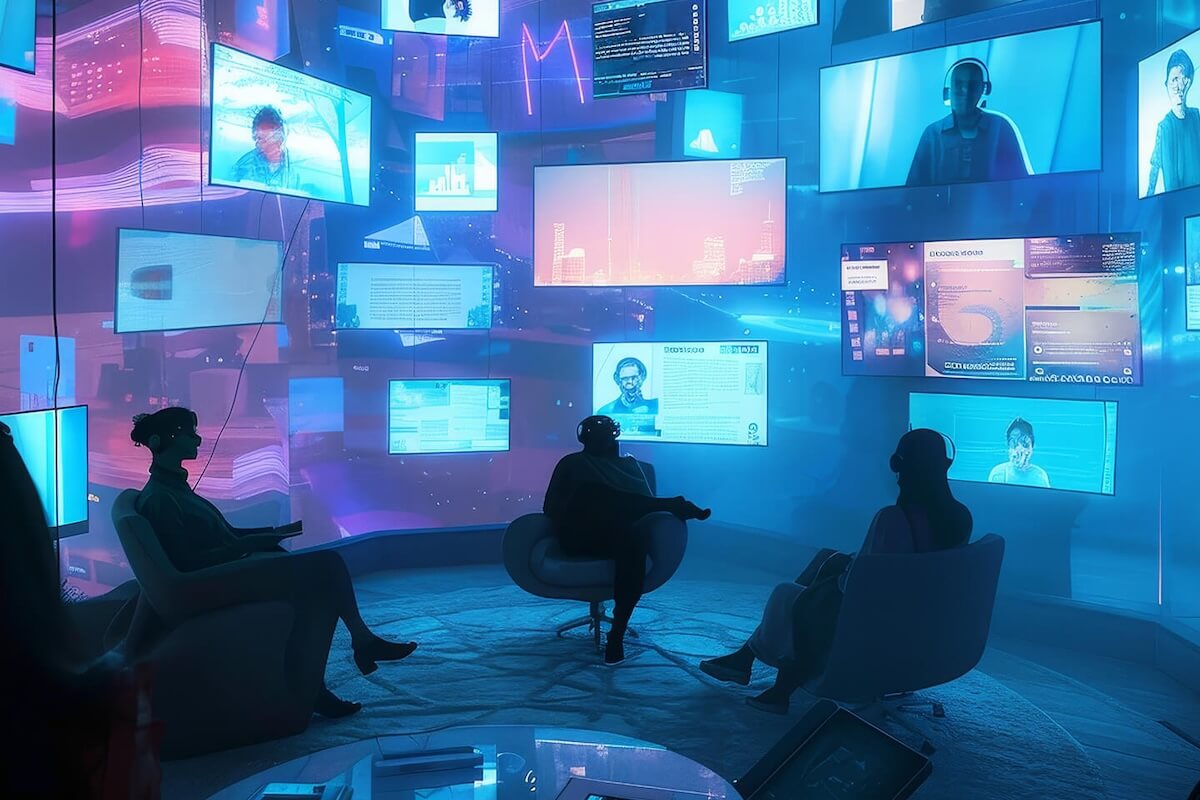 Three people hidden in shadow are sitting in a circle on different types of chair while screens are showing various scenes all around them.
