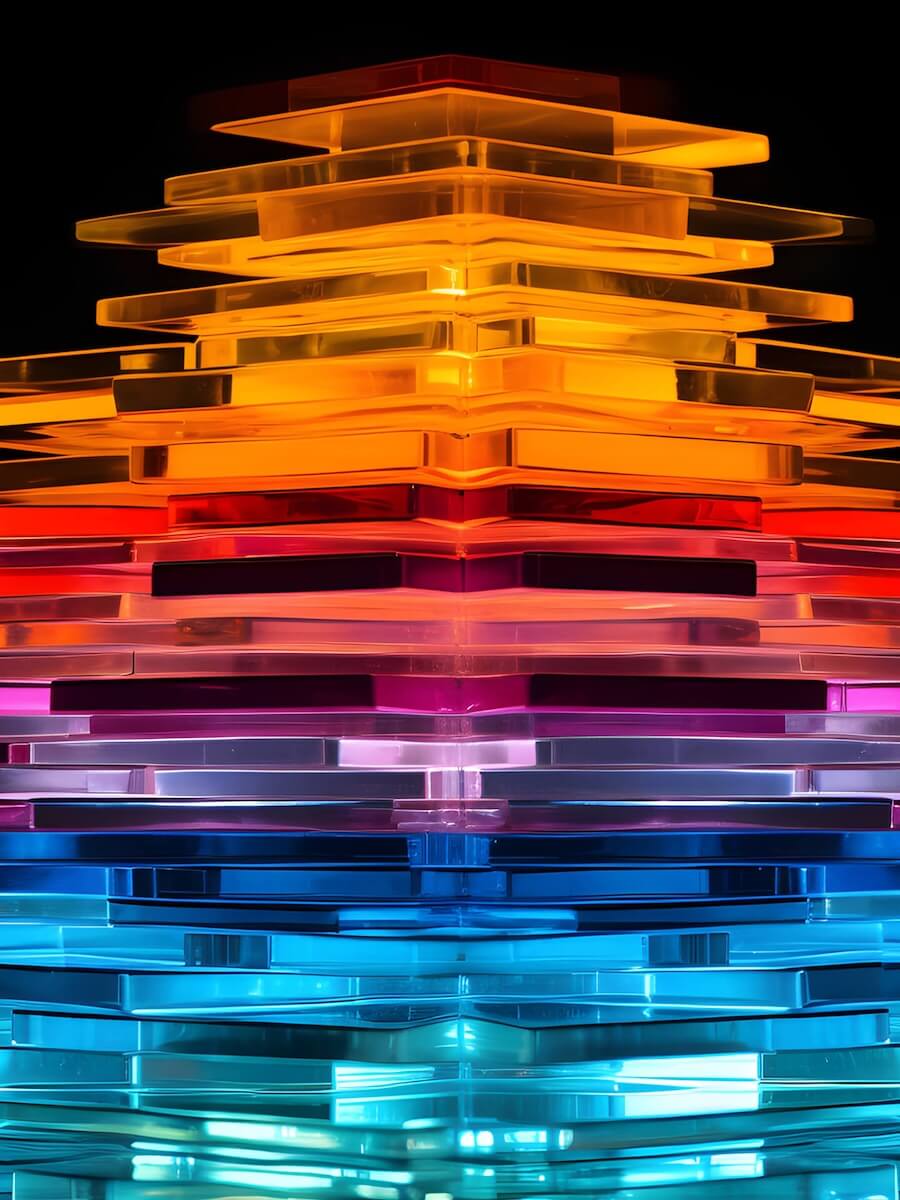 A series of plastic squares, like coasters in various sizes, are stacked on top of one another. They are colored in a variety of hues, starting with teal at the bottom, then blue, purple, red, orange, and yellow at the top.