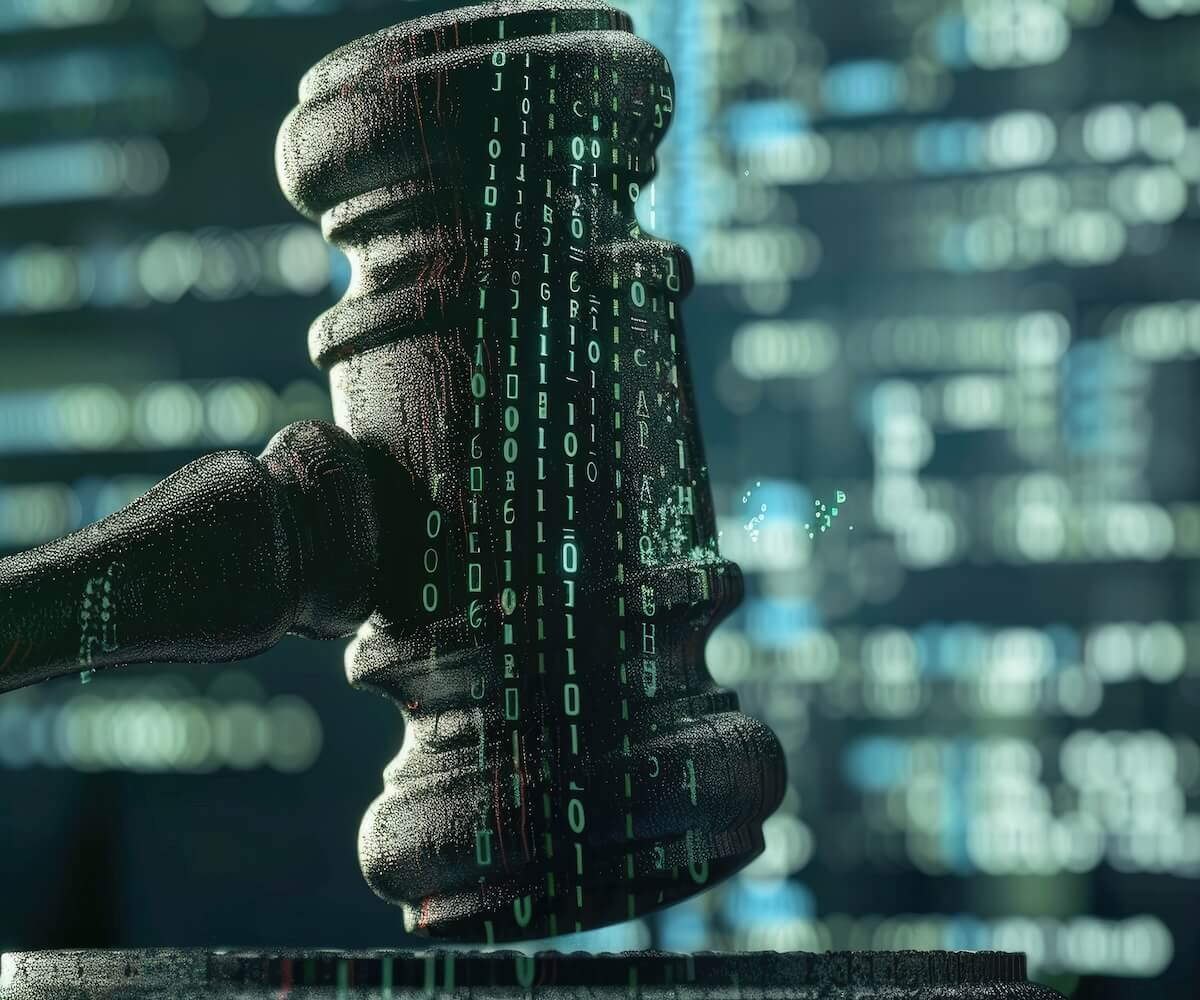 A closeup of a brown, ornately-carved gavel with Matrix code projected on it.
