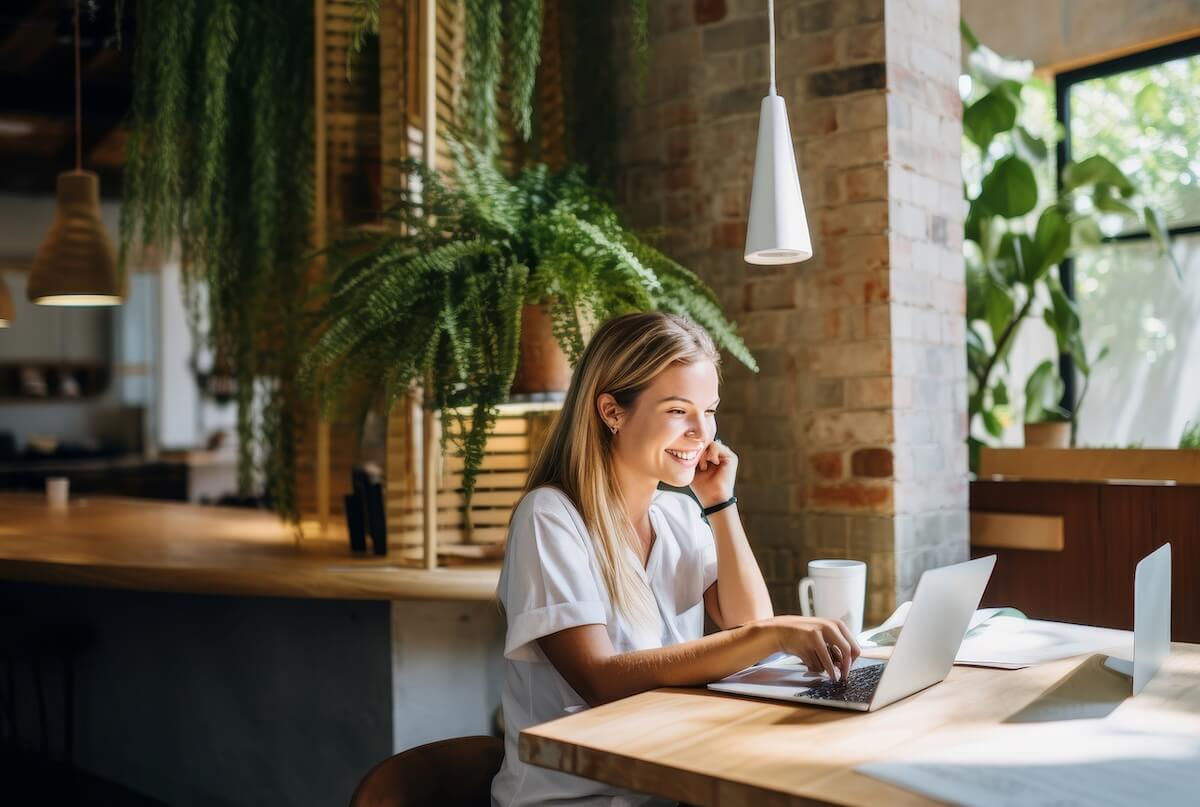 A happy woman with strawberry blonde hair is smiling and browsing Usenet on her laptop.