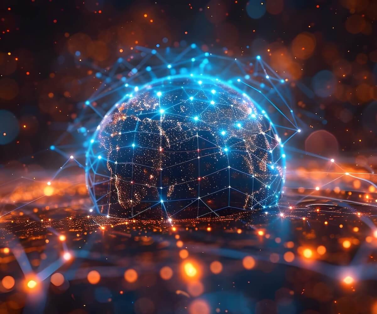 A globe melting into a cyberspace field surrounded by a net of blue dots connected by lines.