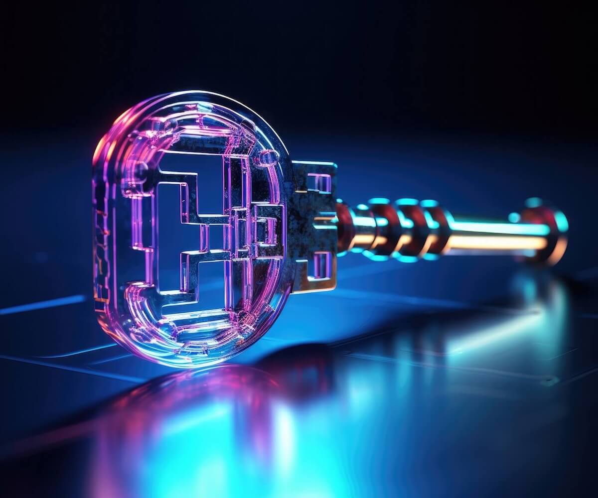 A complex, futuristic key lit in purple and blue.