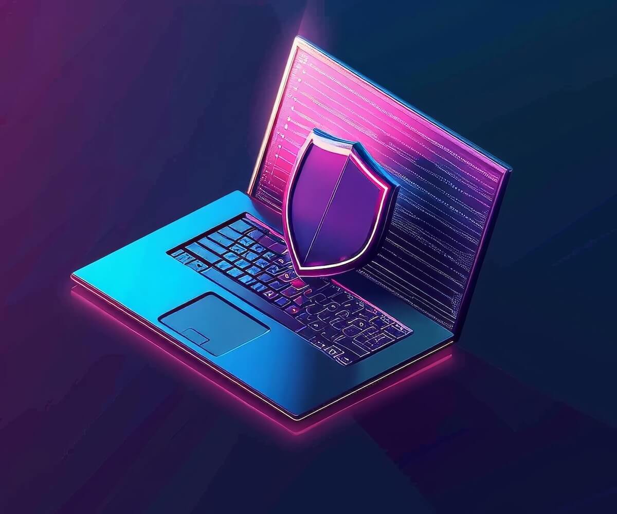 An illustration of a laptop with a purple screen and a purple shield hovering above the keyboard.