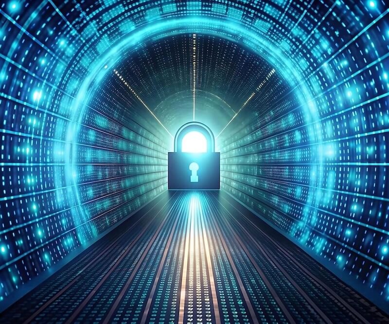 A cybernetic tunnel with a large lock at the end.